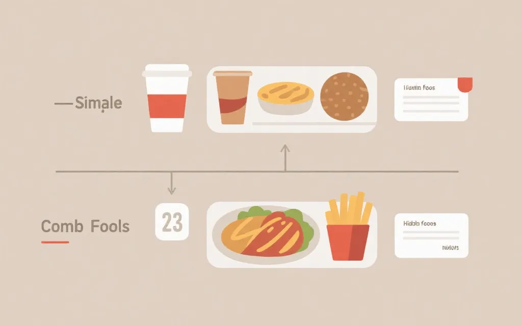 球场内点餐选择对比示意：单点、套餐、隐藏加价提醒
