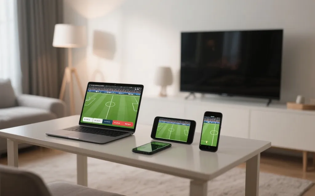 多设备观看足球决赛：电视、笔记本、手机同屏的场景