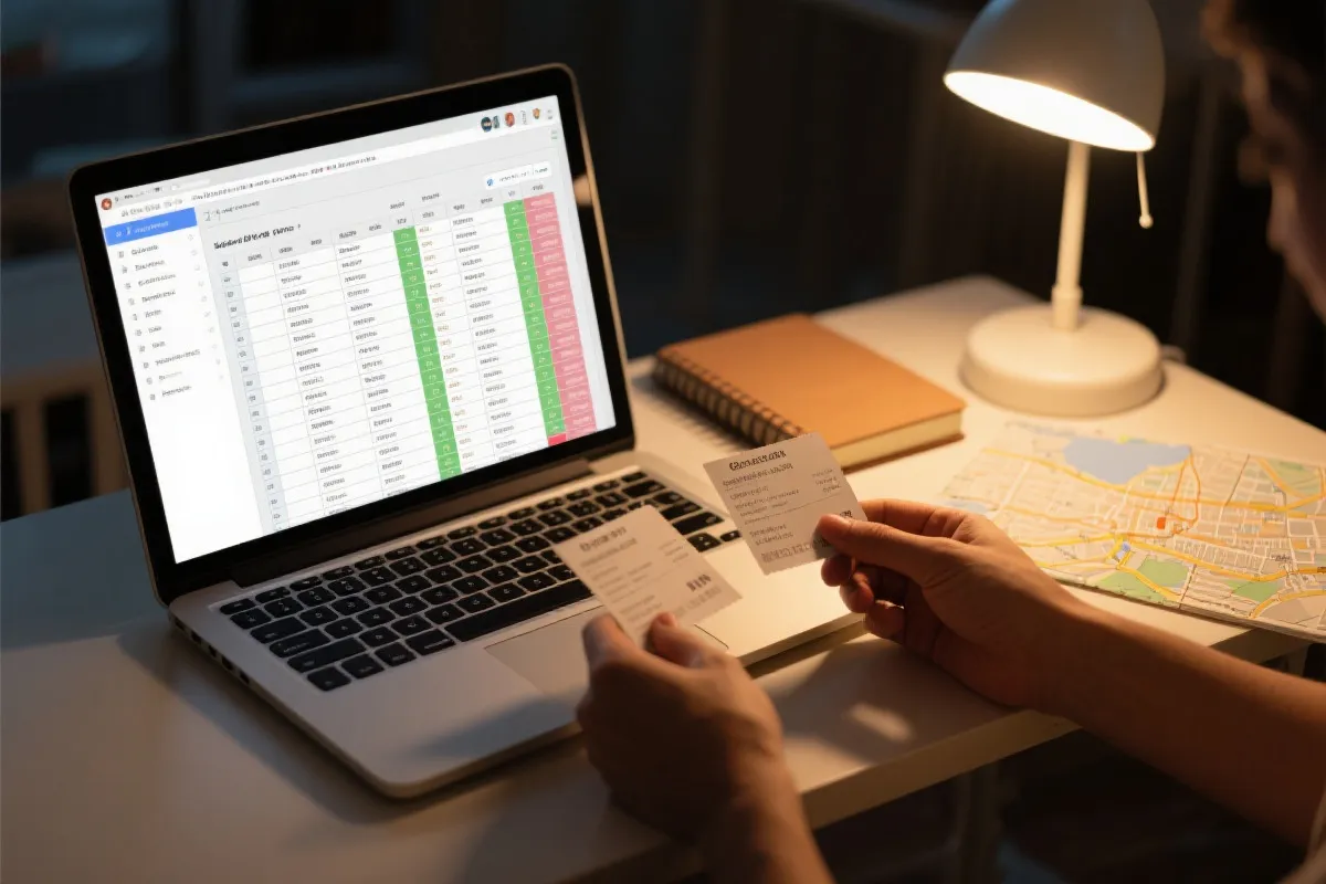 球迷在电脑前对比门票与行程，桌上有地图与笔记本的规划画面