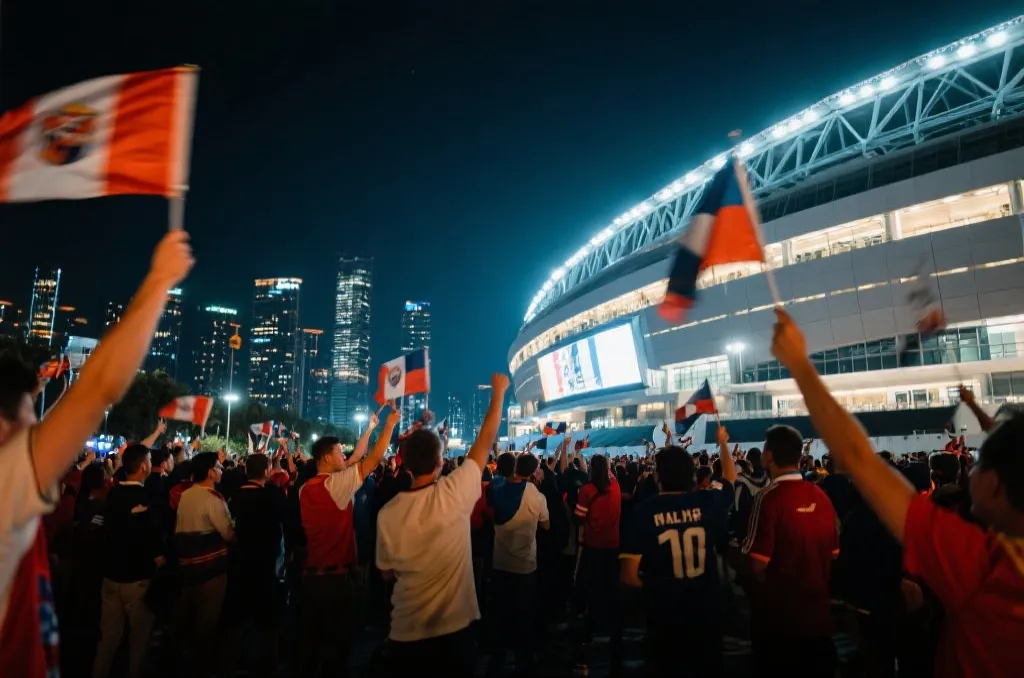球迷在北美球场外欢呼庆祝的夜景